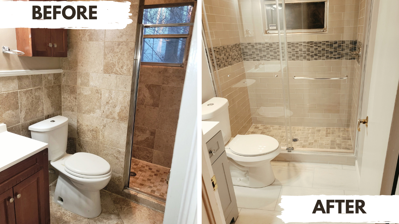 Bathroom renovation before and after comparison showing full transformation
